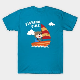 Vector cartoon illustration of cute bear fishing on sailboat with cartoon style. T-Shirt